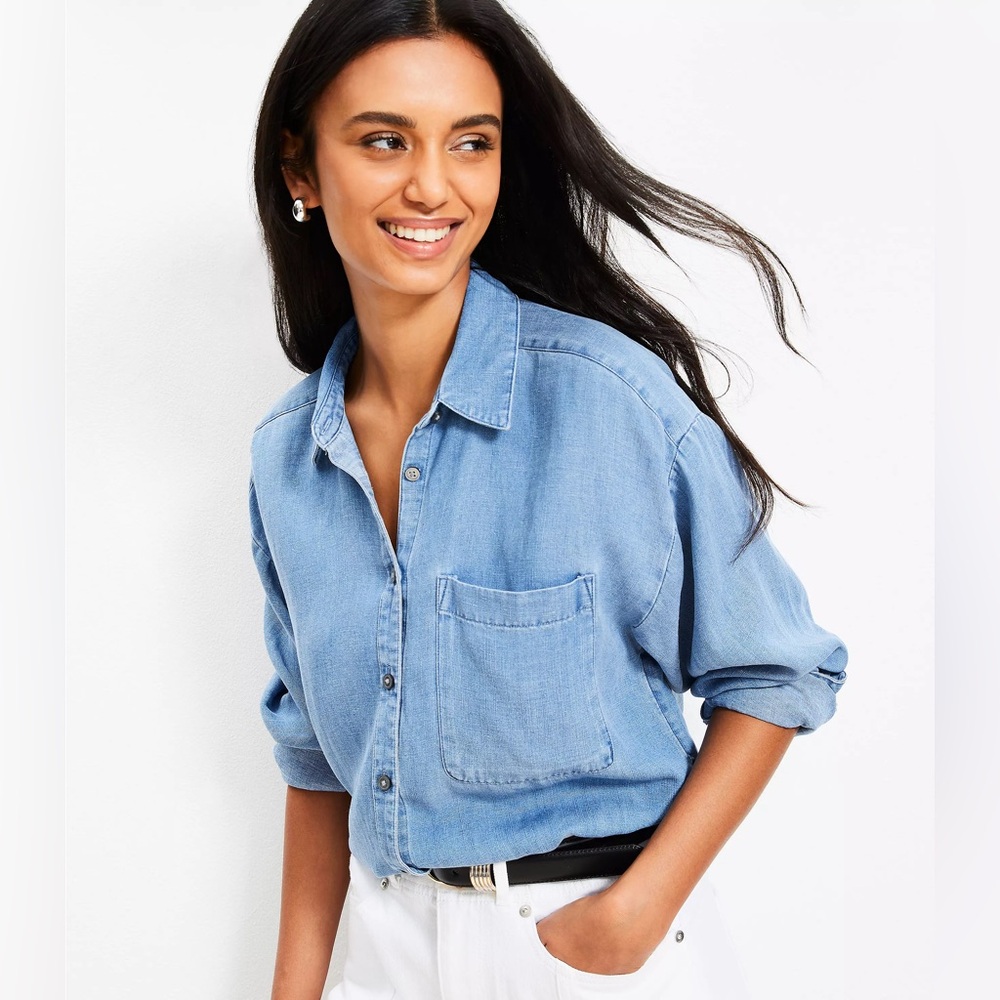 LOFT Chambray Everyday Oversized Pocket Shirt; Light Wash Denim Button-Up Shirt
